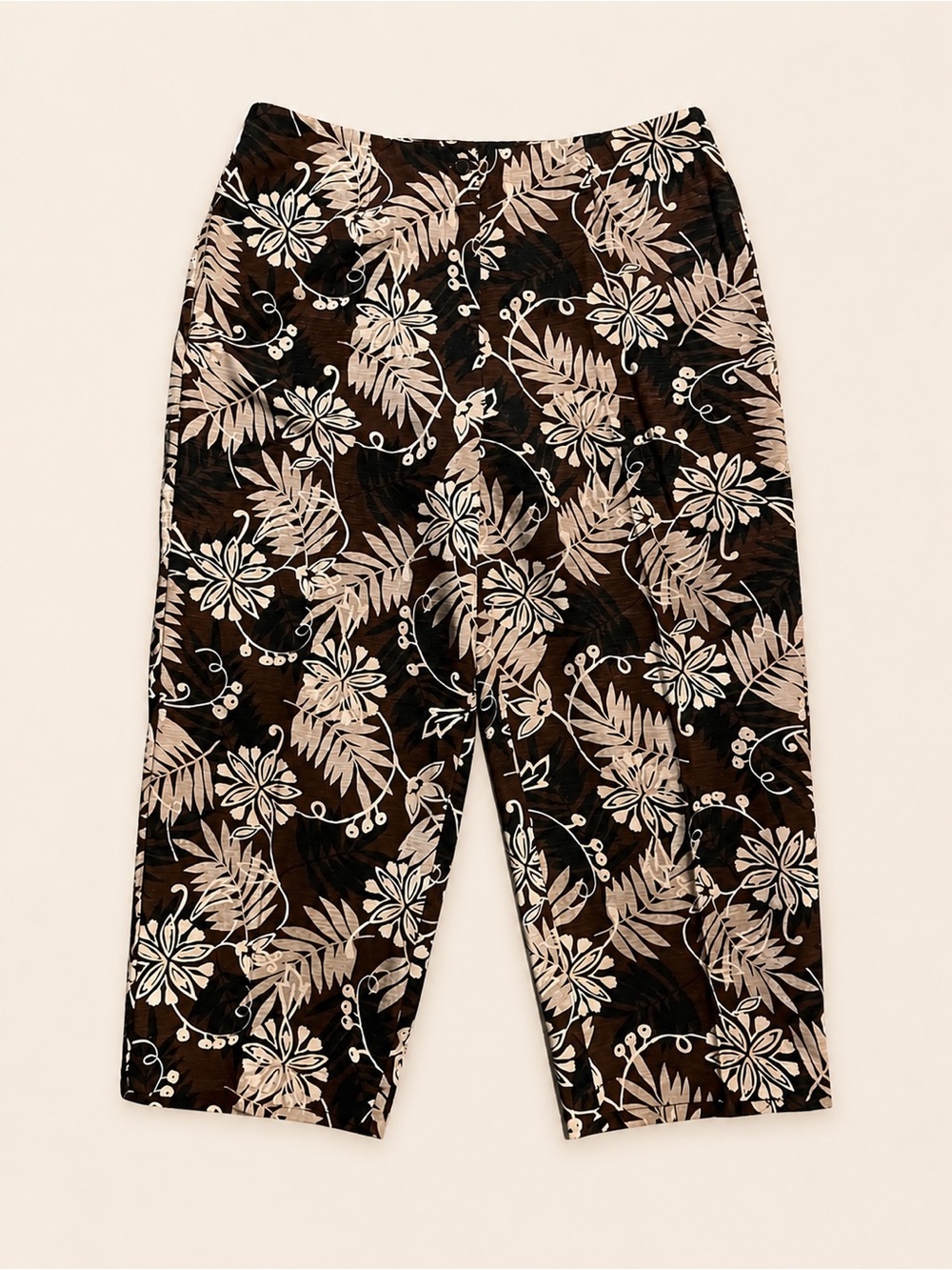 Vintage Deadstock 90s 100% Silk Brown Tropical Floral Cropped Capri Pants Resort